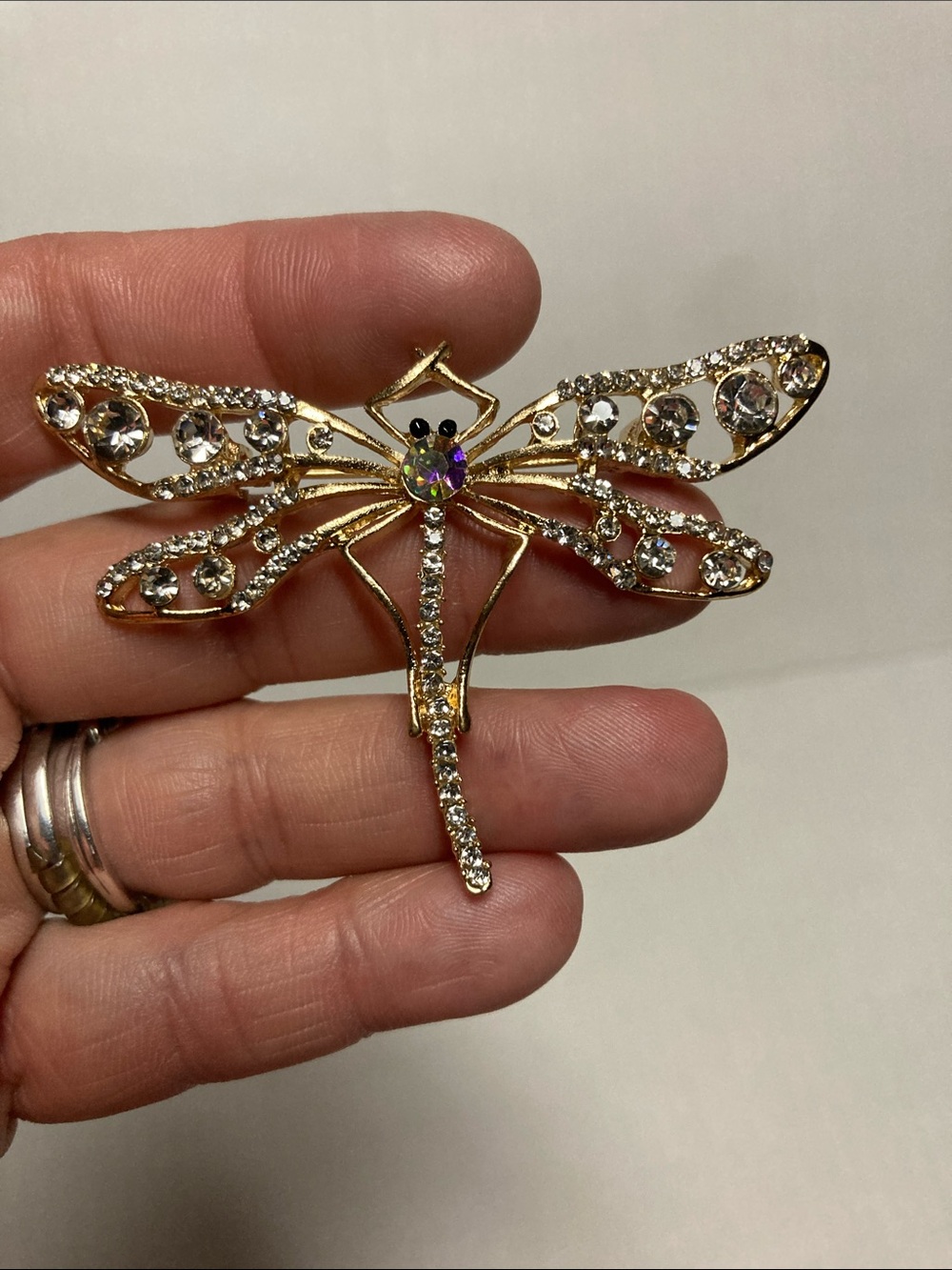 Gold tone Clear Rhinestone Dragonfly Brooch Pin - Elegant Womens Jewelry